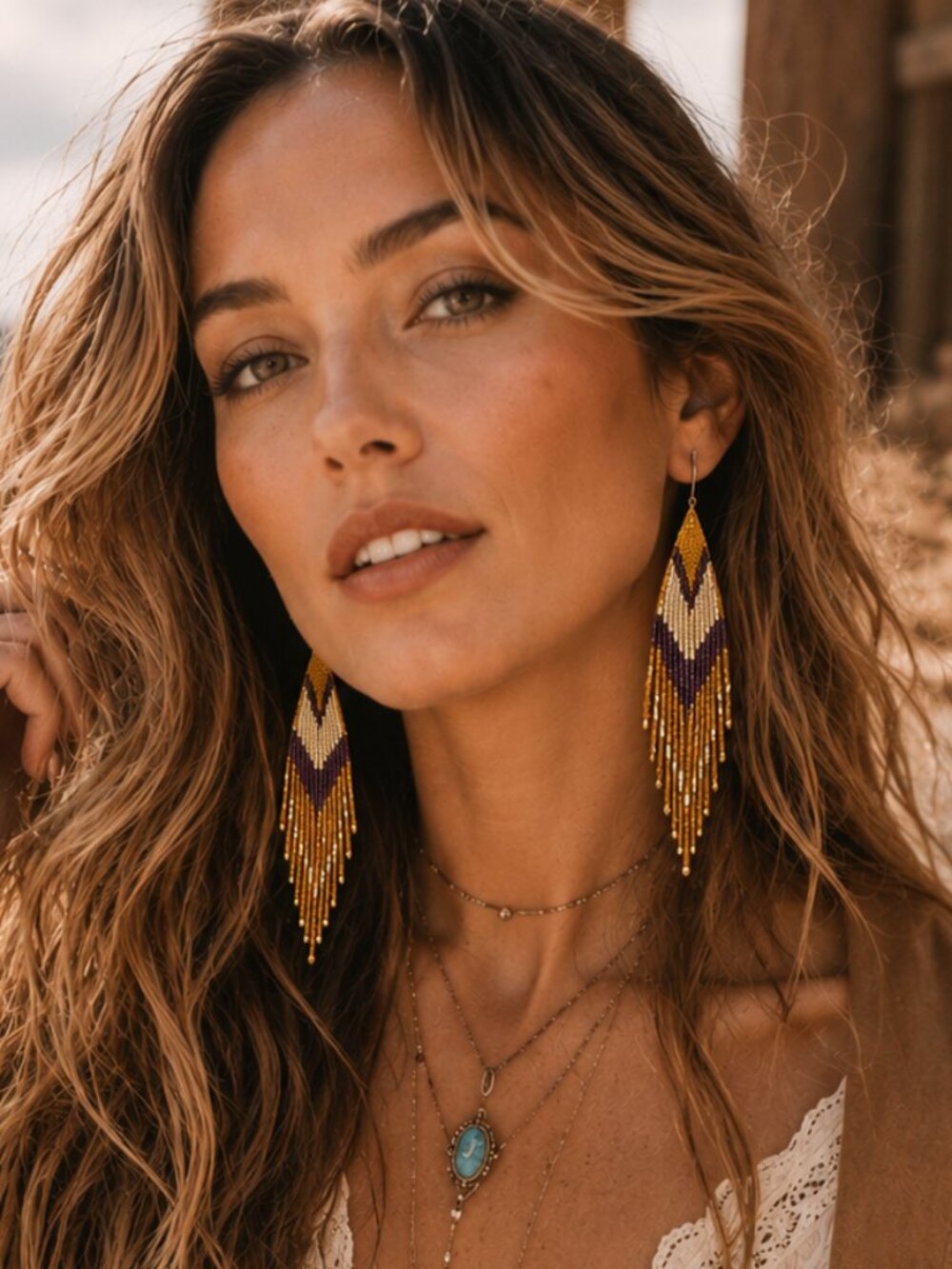 Seed Bead Fringe Dangle Earrings Geometric Orange Gold Purple Boho Coastal 4.4in